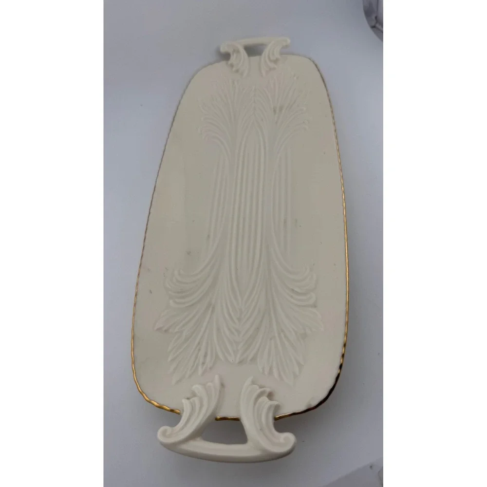 Lenox Cream Gold‎ Rimmed Oval Serving Tray Embossed Floral Design Handles